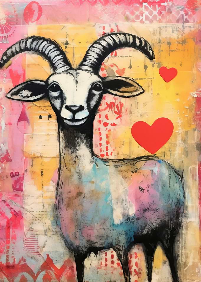 Goat with Hearts Valentines Day Mixed Media