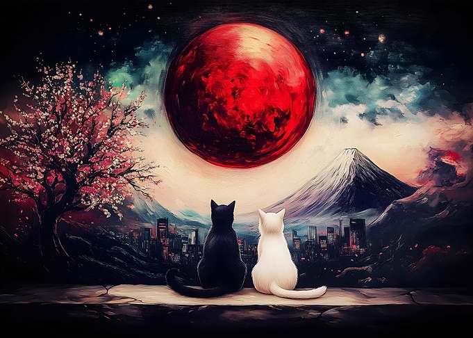 Black and White Cats Under Red Moon