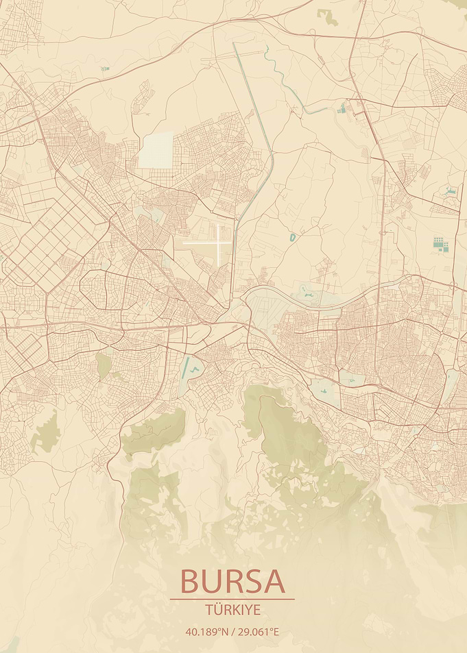 Bursa Türkiye Vintage Style City Map