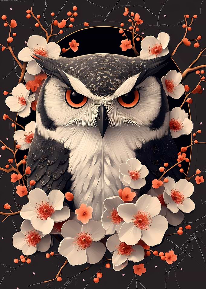 Owl in Cherry Blossoms Animal