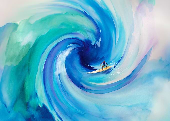 Surfer in a Whirlwind Wave