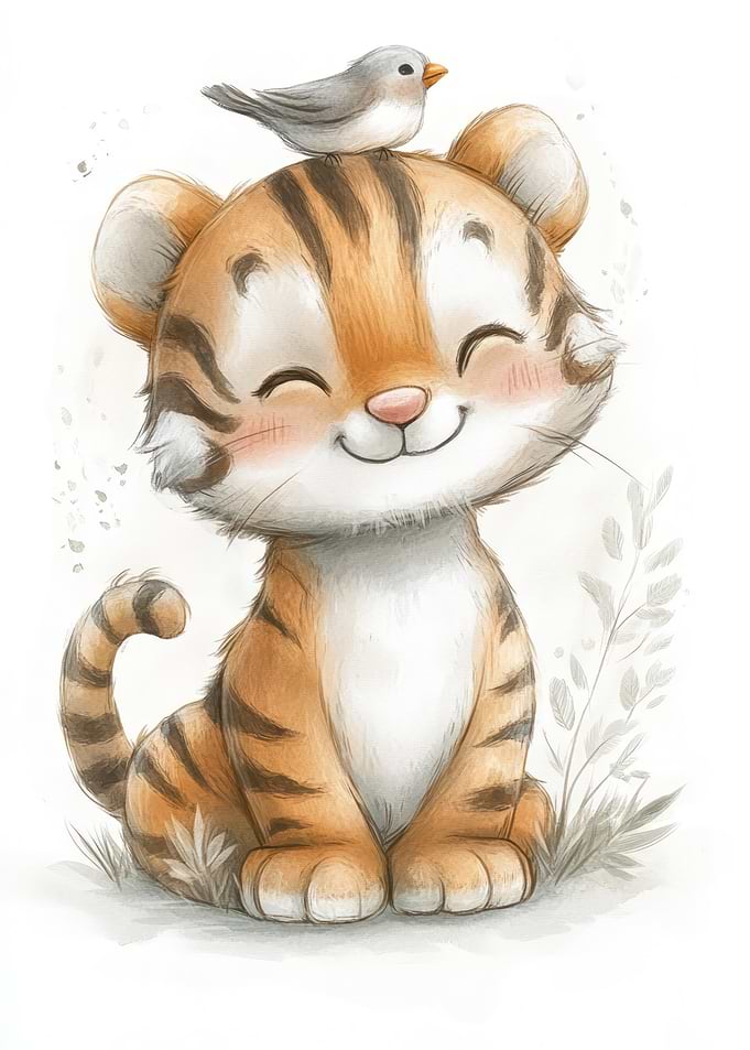 Cute Tiger with Bird