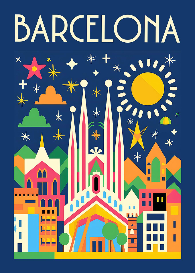 Barcelona Cityscape Retro Travel Poster