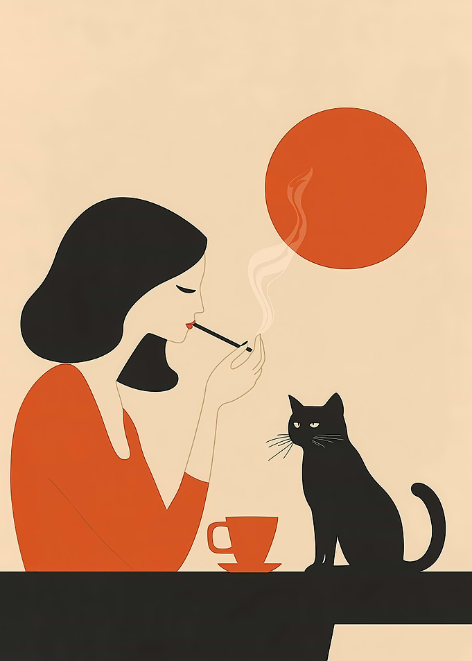 Woman Smoking with Cat