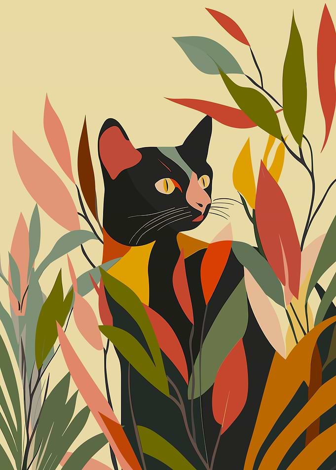Minimsl Black Cat in Foliage