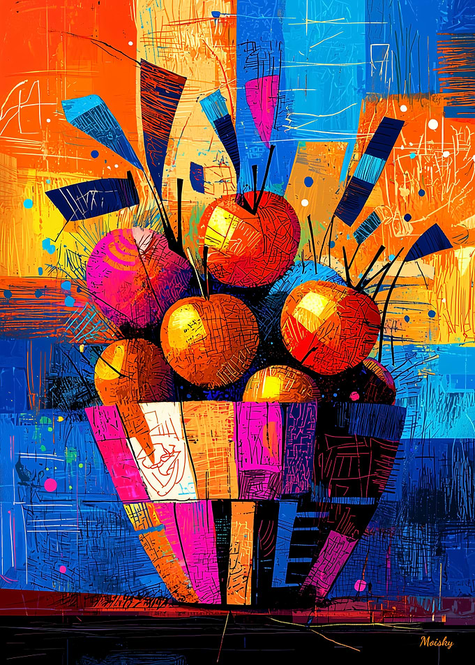 Basket of Apples – Vibrant Cubist Still Life