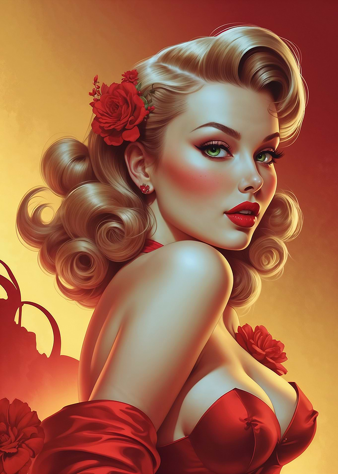 Blonde Pin-up Red Roses