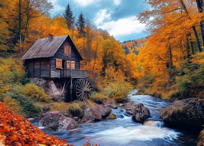 Autumn Mill by the River Landscape