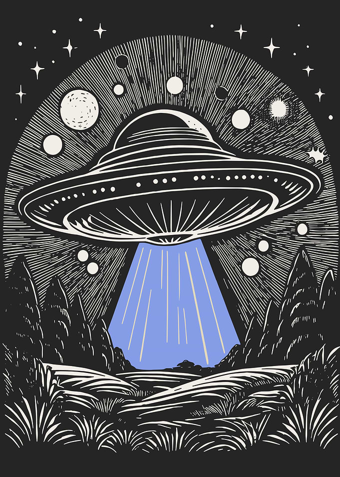 UFO Over ForestVintage UFO Encounter in Starry Night Sky