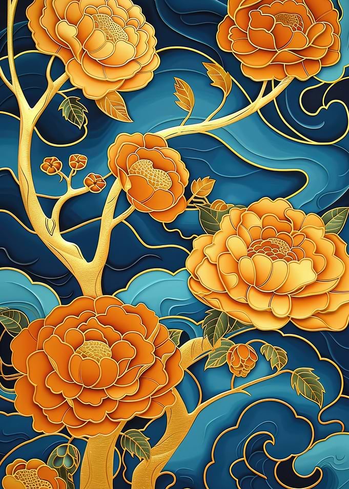 Golden Peonies on Blue