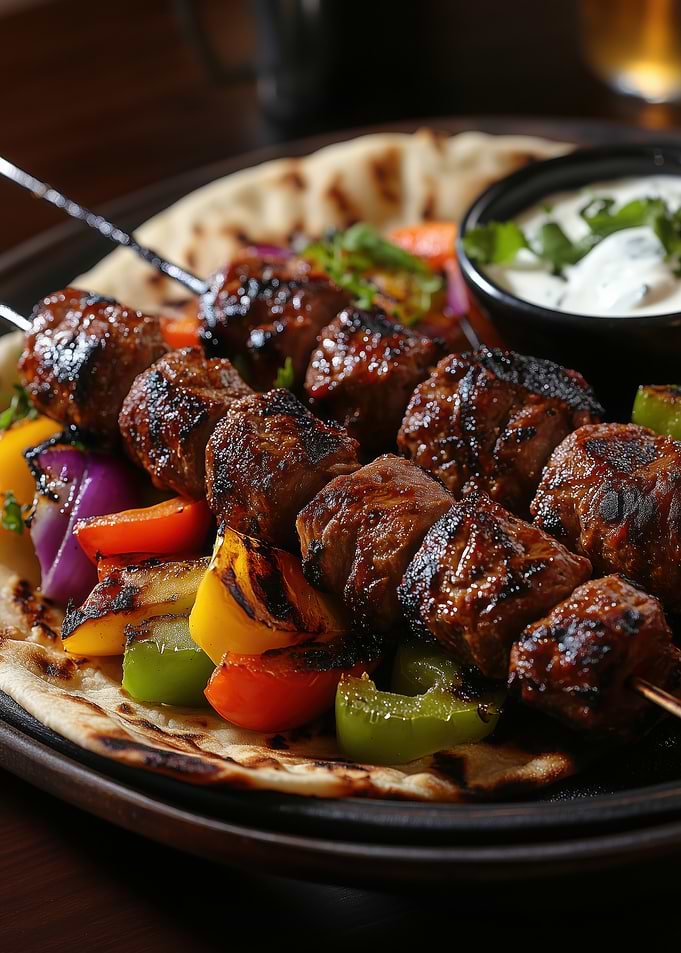 Grilled Kebab Meat Skewers with Flatbread