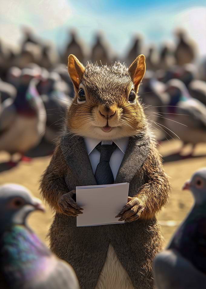 Squirrel in Suit with Pigeons