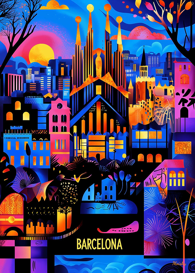 Barcelona Colorful Urban Mosaic Illustration