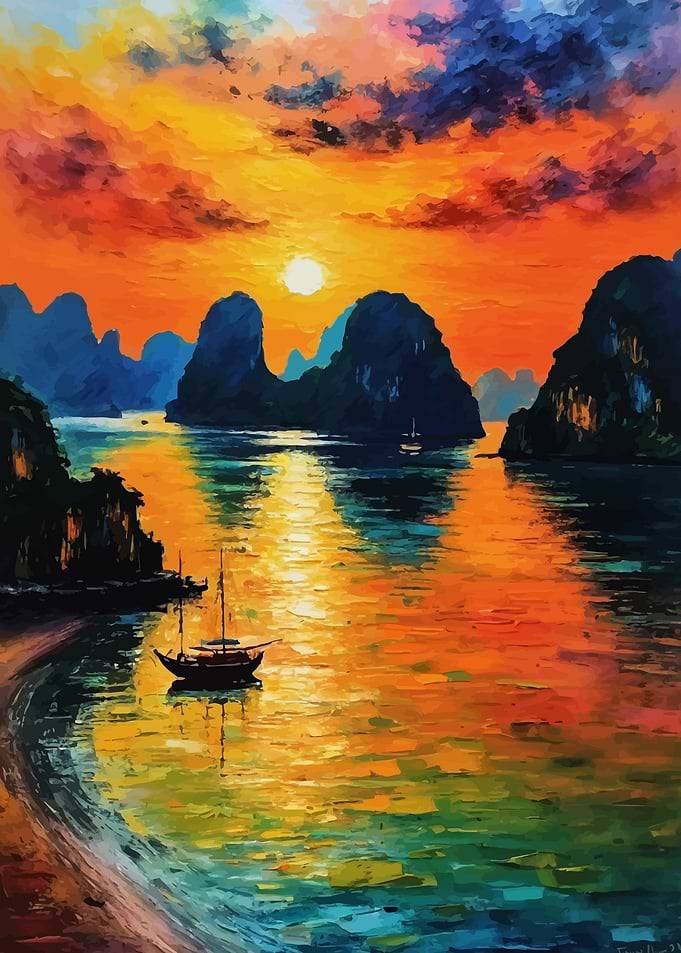 Sunset Ha Long Bay with Sailboat
