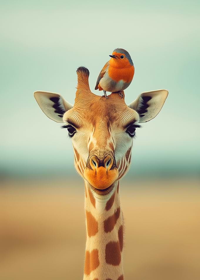 Giraffe Wildlife in Africa and Robin on Head