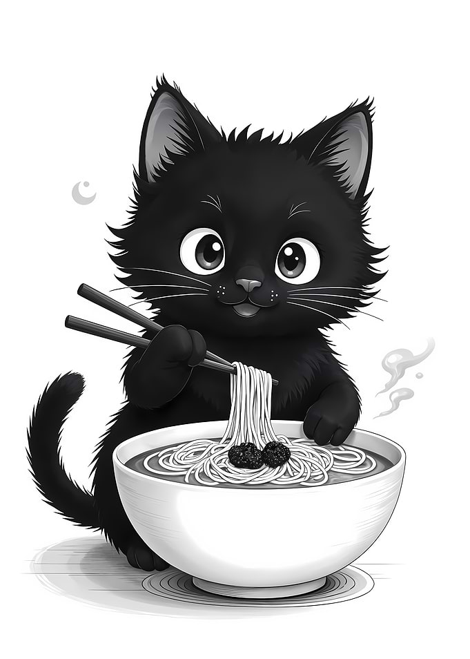 Black Cat Eating Ramen