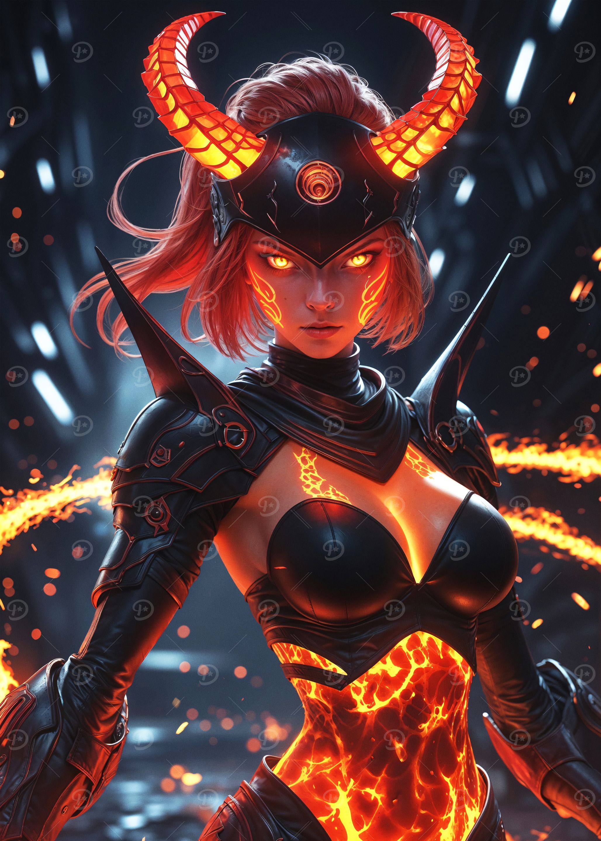 Fiery Demon Queen in Cyberpunk Realm