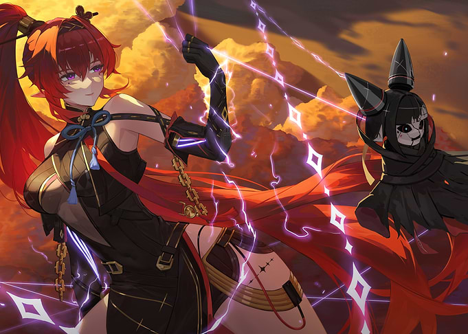 Anime Girl with Red Hair and Lightning