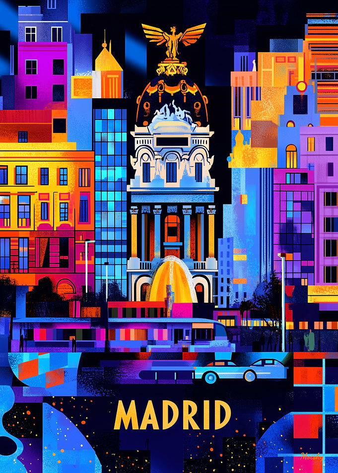 Madrid Geometric Night – Vibrant Urban Illustration