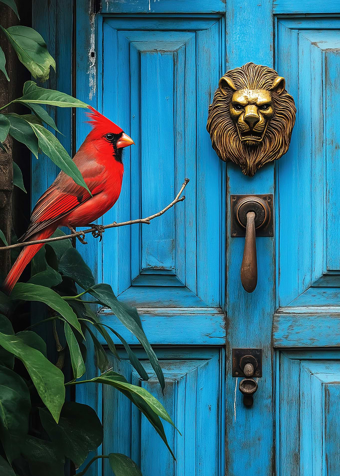 Red Cardinal Bird and Lion Knocker on Door