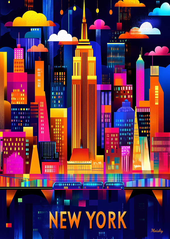 New York City Neon Glow – Geometric Skyline Art