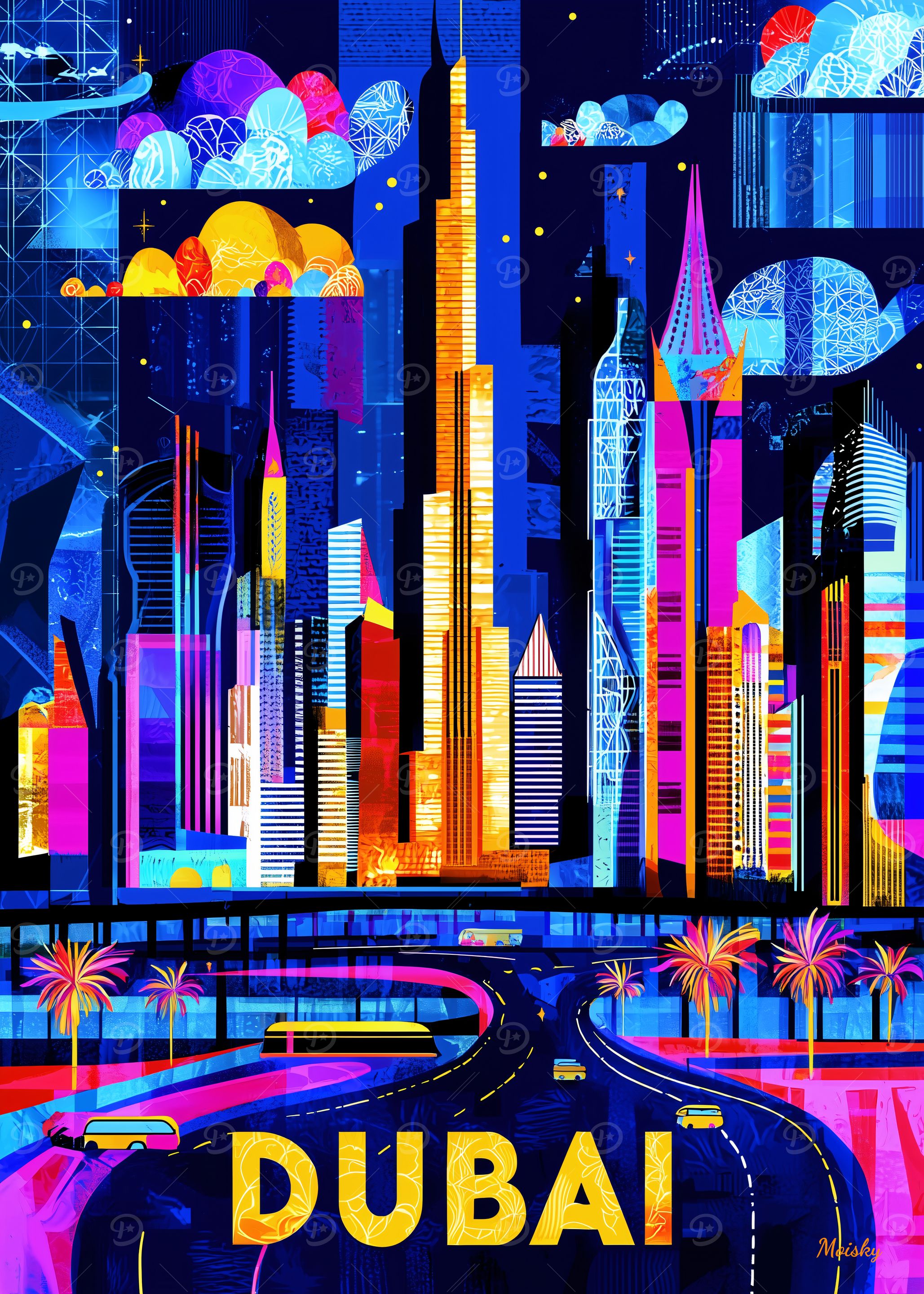 Dubai Vibrant Skyline - Geometric Cityscape Art