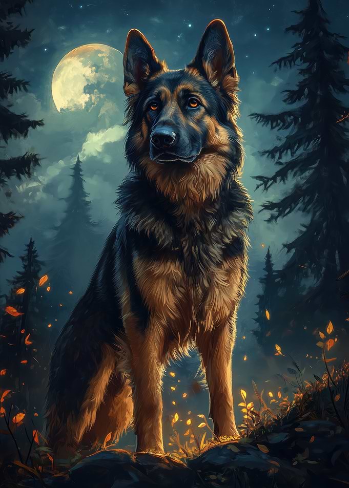 German Shepherd Under Moonlight