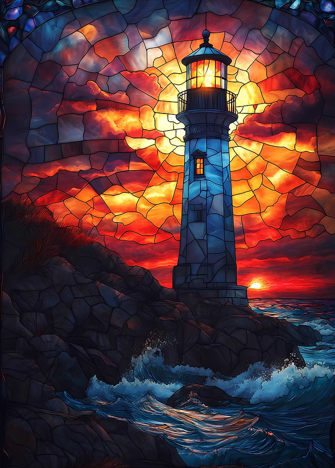 Stained Glass Lighthouse Sunset