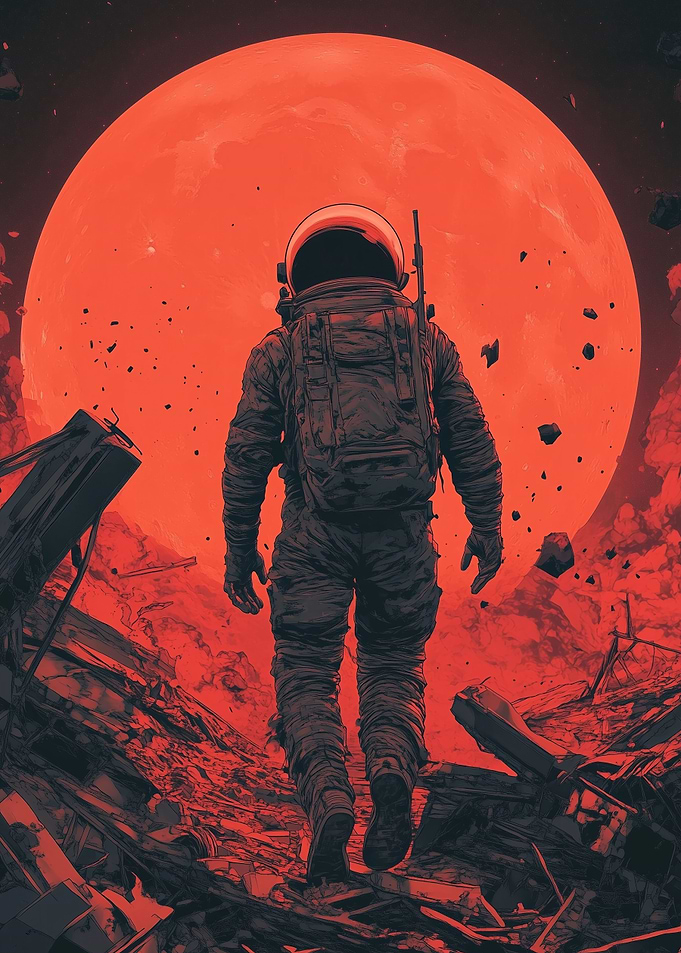 Astronaut in Red Moon Landscape