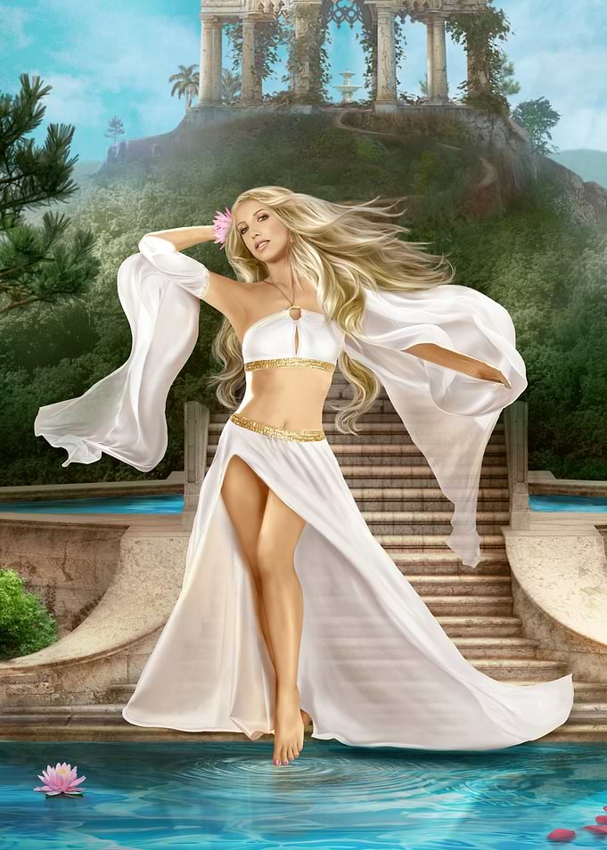 Blonde Fantasy Goddess in White Gown
