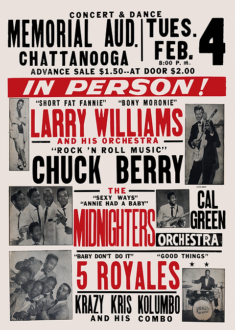 Chuck Berry & Larry Williams Concert Poster — retro concert bill printed on metal