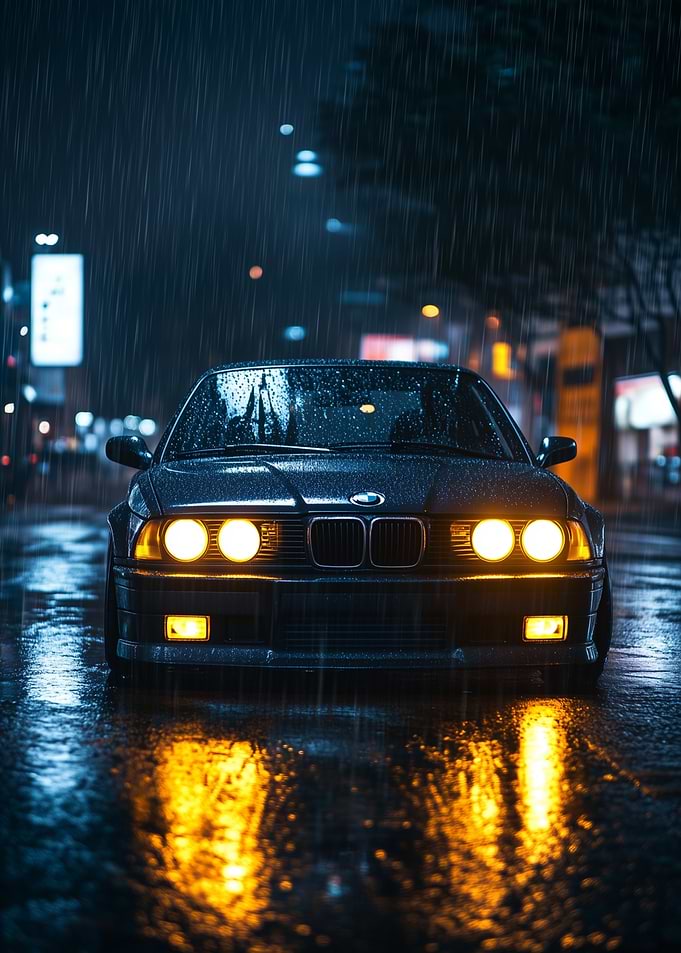 black bmw e30 in rain