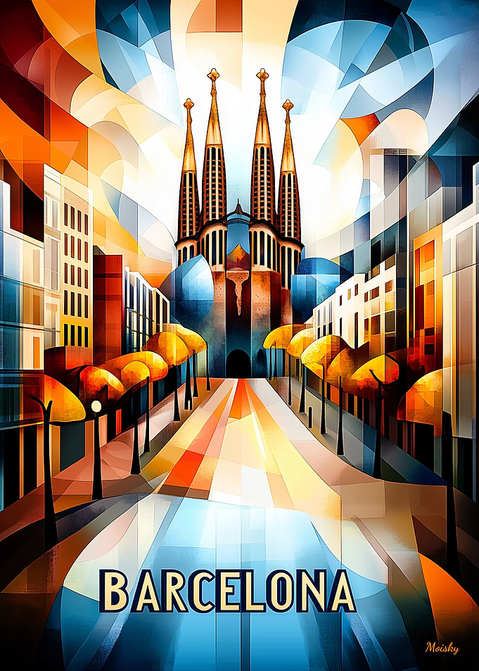 Barcelona Cubist Sunrise – Geometric Cityscape Art