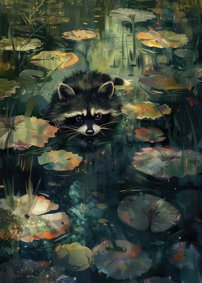 Raccoon in Lily Pads Pond
