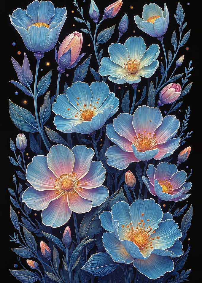 Blue Flowers on Black