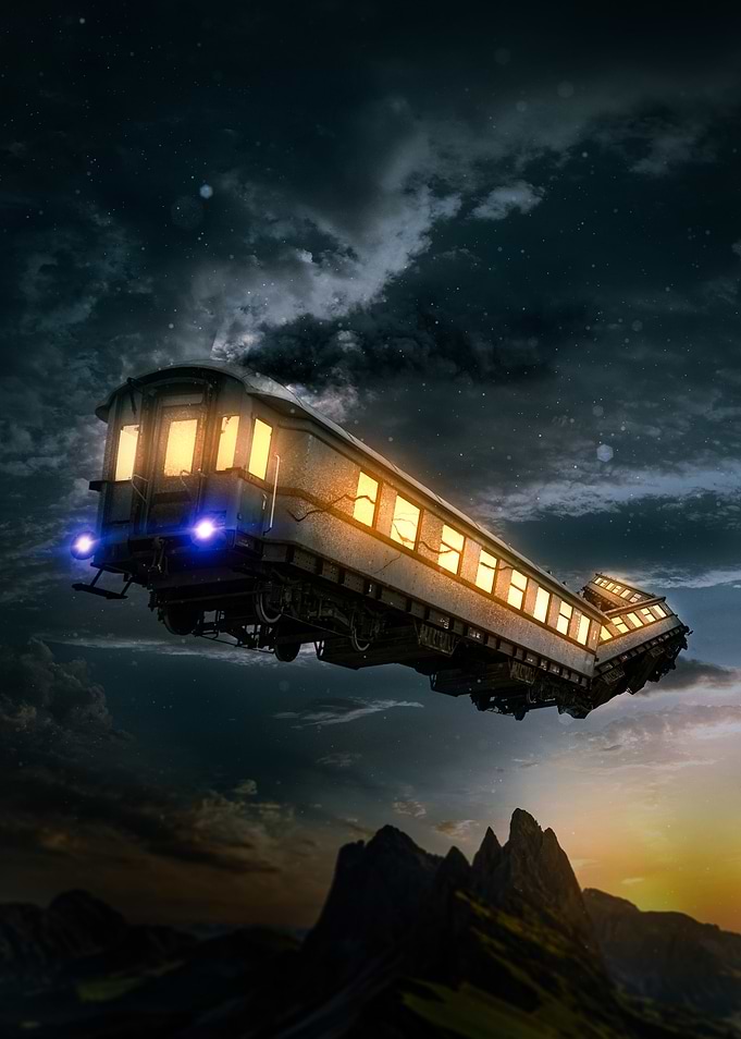 Flying Train in Night Sky