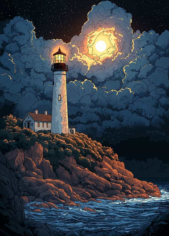 Lighthouse Under Moonlight