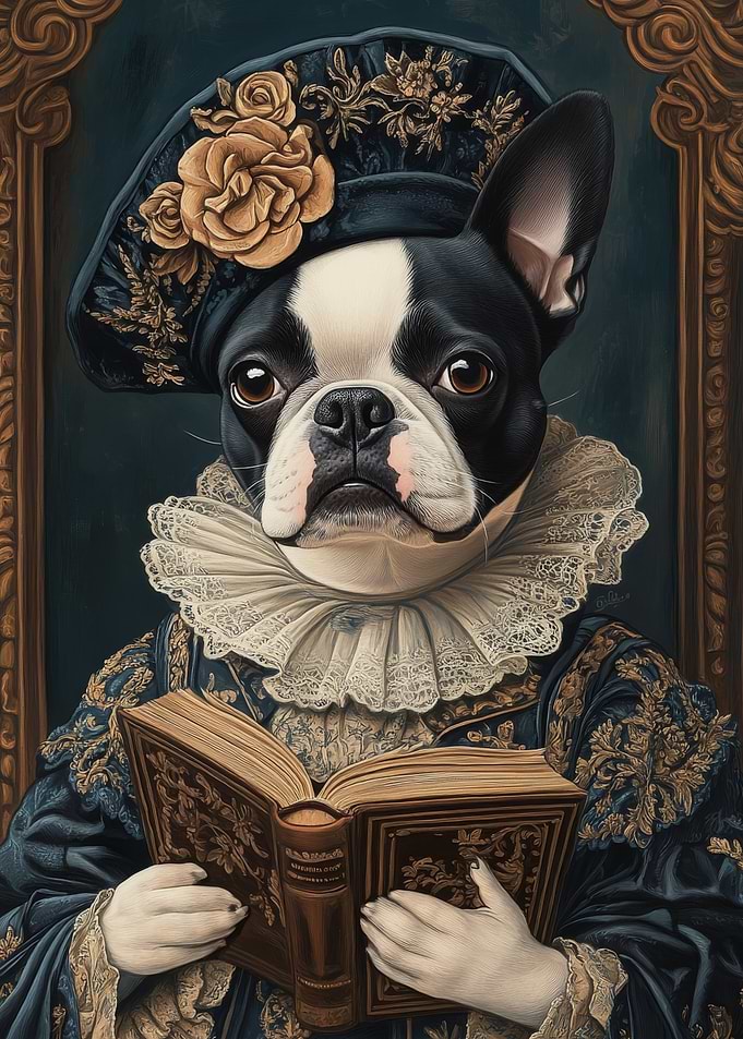 Boston Terrier Renaissance Scholar | Classic Canine Art
