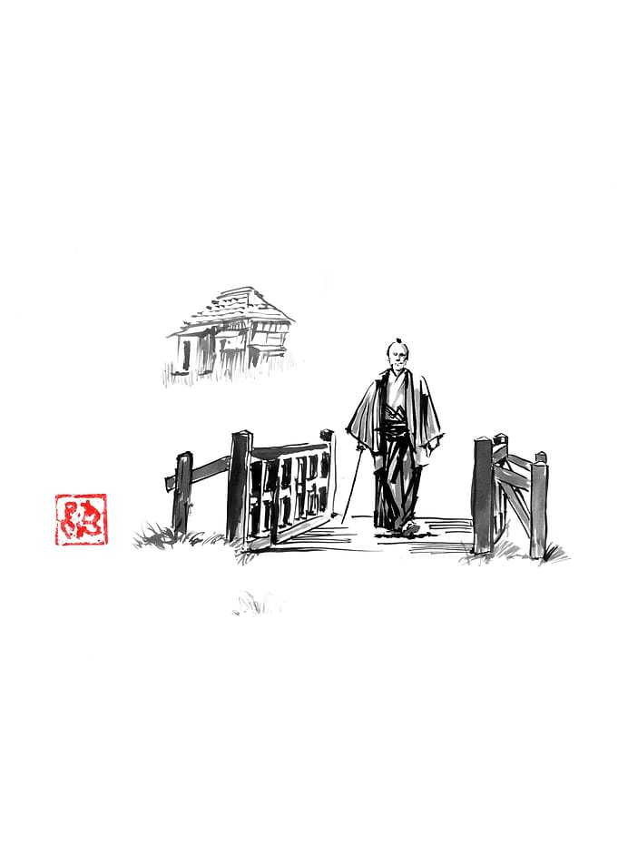 Samurai Walking on Bridge