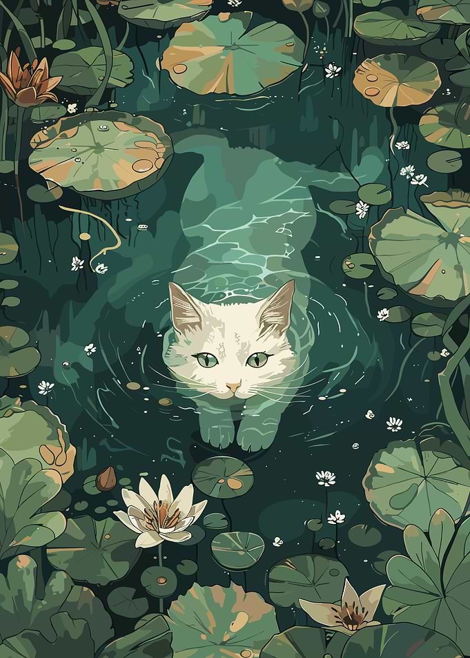 White cat in a lake