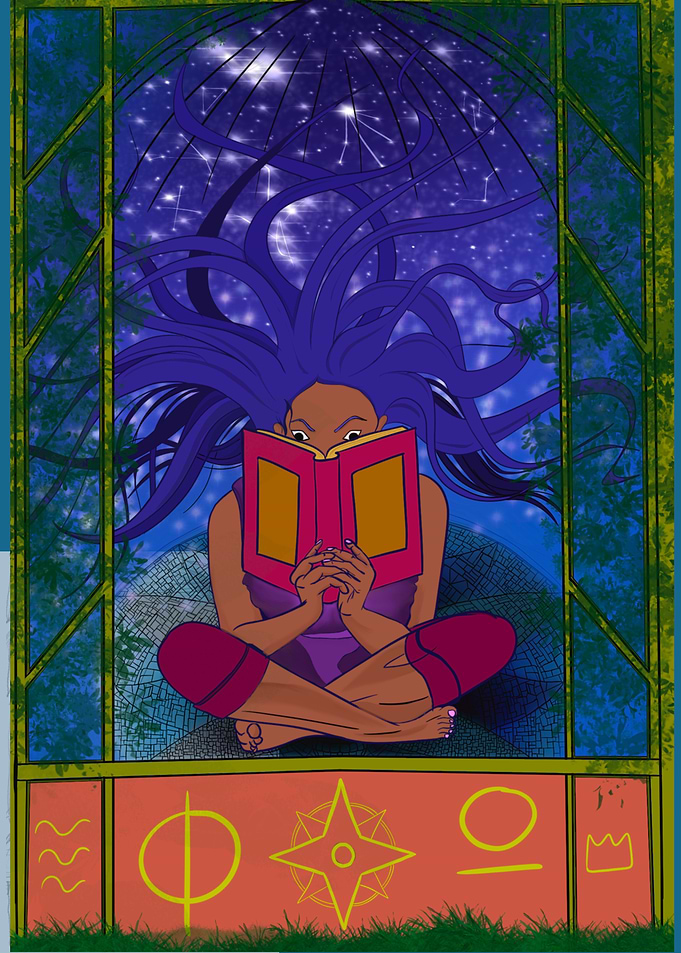 Woman Reading Under Stars