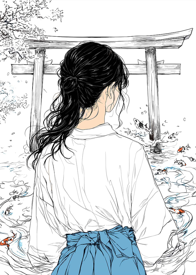 Japanese Woman by Torii Gate
