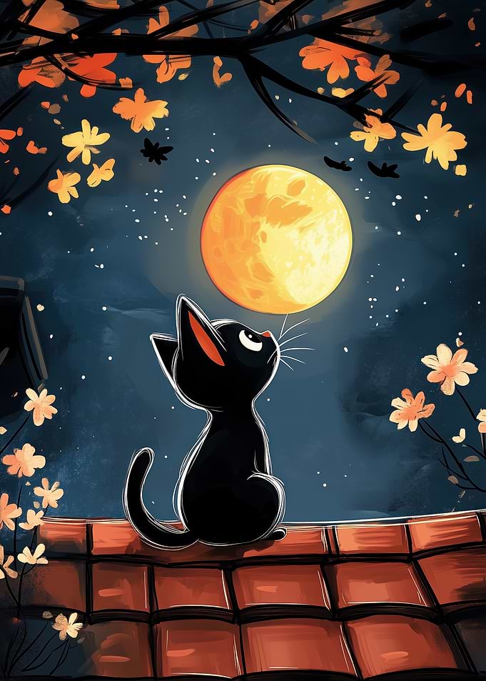 Black Cat Moonlit Night