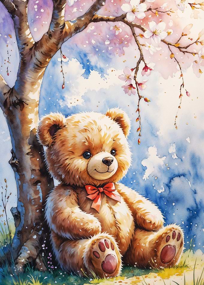 Blossoms and Bear: A Serene Spring Moment