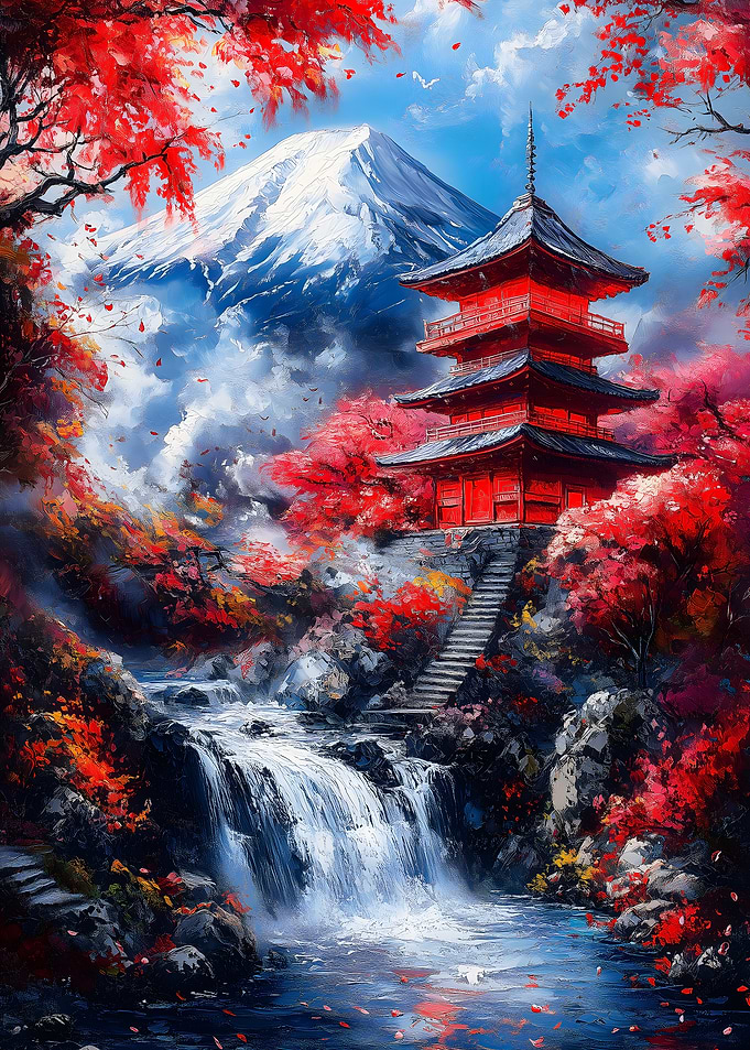 Japanese Pagoda & Waterfall