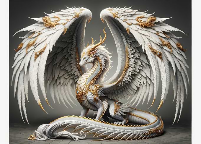 Michael, White Dragon with Angels Wings and Gold Trim