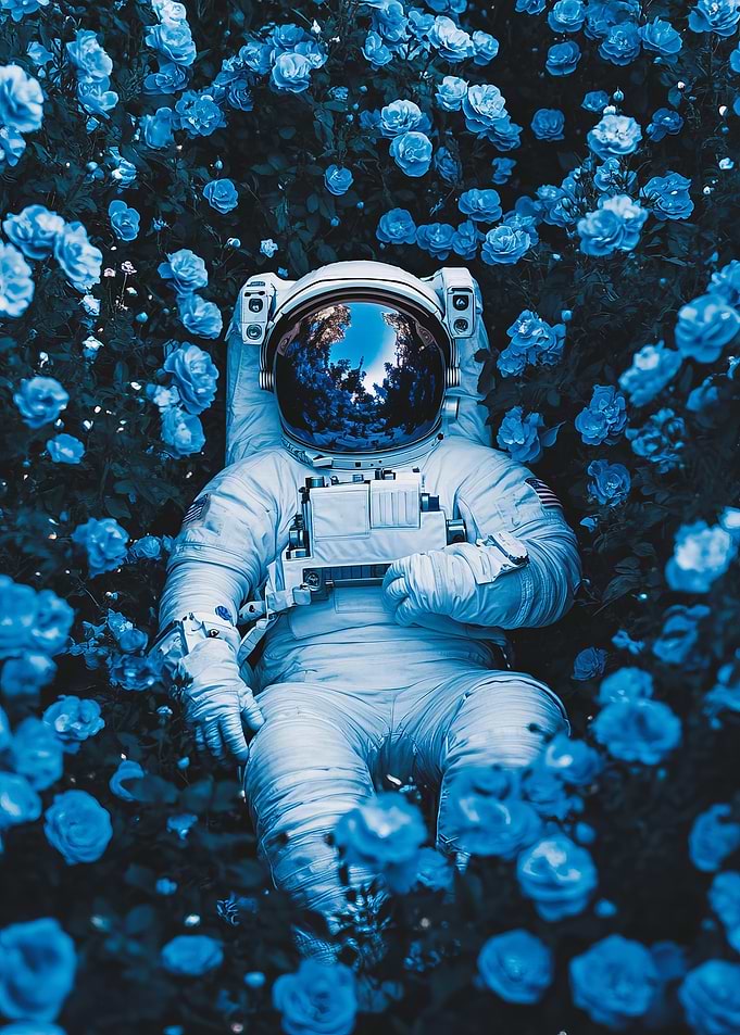 Astronaut in Blue Roses Flowers