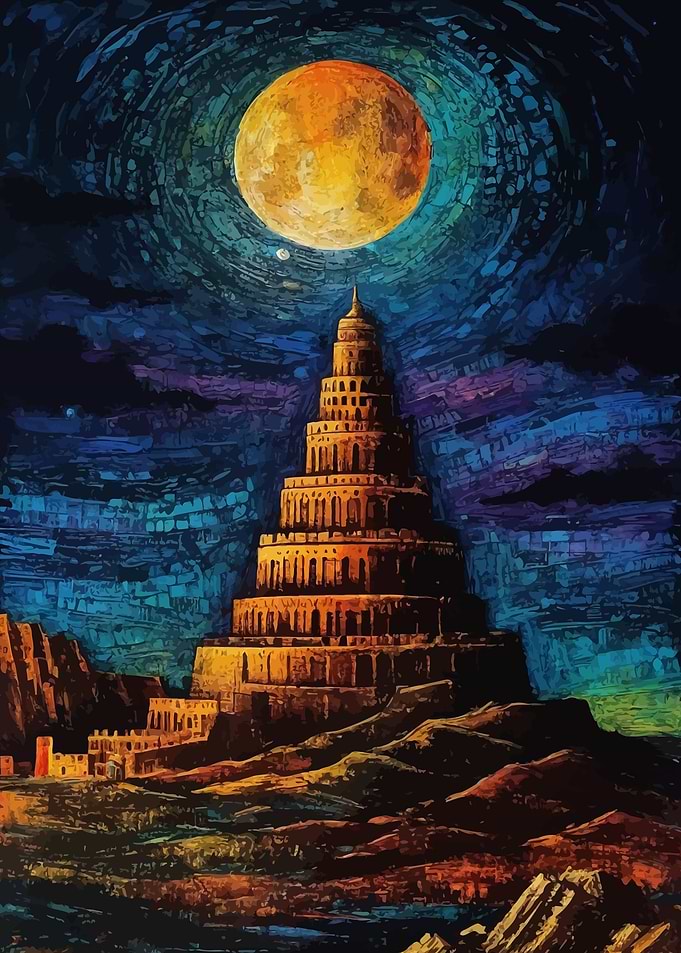 Tower of Babel Under Full Moon