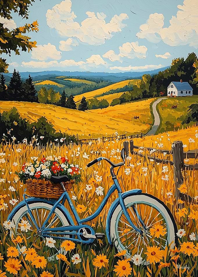 Golden Countryside Escape – Naïf Rural Bicycle Art
