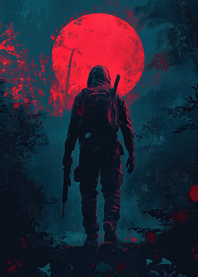 Silhouette Under Red Moon